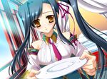  1girl black_hair game_cg kan&#039;u kan'u katagiri_hinata koihime_musou long_hair plate yellow_eyes 