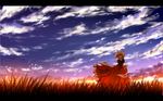  blonde_hair blue_eyes blue_sky bow cloud grass hair_bow highres letterboxed light_particles medicine_melancholy nekominase puffy_sleeves sash shirt short_sleeves skirt sky solo sunset touhou wind 