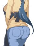  apron ass blue_hair breasts denim from_behind gundam gundam_build_fighters highres iori_rinko jeans large_breasts long_hair mature oshiza pants ponytail ribbed_sweater simple_background solo sweater tight tight_pants very_long_hair white_background 