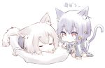  2girls animal_ear_fluff animal_ears blue_hair cat_ears cat_tail chibi eyebrows_visible_through_hair eyes_closed grey_hair hair_ornament kneehighs kneeling konno_junko lying mizuno_ai multiple_girls niboshi_(1846525664) pillow red_eyes school_uniform short_hair short_hair_with_long_locks simple_background sleeping tail translation_request white_background zombie_land_saga 