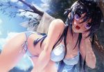  :d andromeda_heliotrope bent_over bikini black_hair blue_sky blush branch breasts cleavage cloud day halterneck happy highres hyakka_ryouran_elixir large_breasts leaf looking_at_viewer open_mouth outdoors plant purple_eyes senomoto_hisashi side-tie_bikini sky smile swimsuit tree white_bikini 