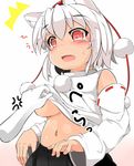  1girl anger_vein animal_ears blush breasts detail disembodied_limb error hat hat_ribbon ichirin inubashiri_momiji large_breasts long_sleeves midriff navel no_bra open_mouth pov pov_hands red_eyes ribbon shirt shirt_lift silver_hair skirt surprised sweatdrop tears tokin_hat touhou underboob wide_sleeves wolf_ears 