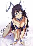  all_fours animal_ears bed_sheet black_hair blue_eyes blue_leotard breasts bunny_ears bunnysuit cleavage fishnet_pantyhose fishnets hair_between_eyes infinite_stratos leotard long_hair looking_at_viewer medium_breasts mofurin pantyhose shinonono_houki simple_background solo strapless strapless_leotard sweatdrop very_long_hair white_background wrist_cuffs 