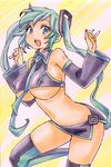  breasts calligraphy_brush_(medium) covered_nipples detached_sleeves hatsune_miku large_breasts long_hair marker_(medium) millipen_(medium) necktie open_mouth rodeorodeo solo thighhighs traditional_media twintails vocaloid 