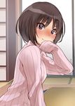  amagami blush brown_eyes brown_hair long_sleeves looking_at_viewer ribbed_sweater sakayama_shinta short_hair sleeves_past_wrists solo sweater tachibana_miya 