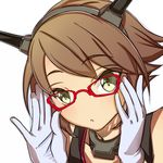  adjusting_eyewear bespectacled blush brown_hair glasses gloves green_eyes headgear kantai_collection looking_at_viewer mutsu_(kantai_collection) open_mouth short_hair solo touryou white_gloves 