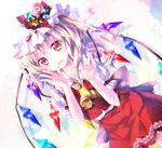  ascot blonde_hair candy crystal fang flandre_scarlet food hands happy hat hat_ribbon looking_at_viewer mob_cap nail_polish open_hands open_mouth puffy_sleeves red_eyes red_nails red_skirt ribbon riichu shirt short_hair short_sleeves side_ponytail skirt skirt_set smile solo star touhou vampire vest wings 