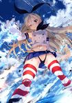 bad_id bad_pixiv_id bare_shoulders black_panties blonde_hair blush cloud day elbow_gloves electricity giantess gloves grey_eyes hairband kantai_collection long_hair looking_at_viewer navel panties shimakaze_(kantai_collection) skirt sky solo striped striped_legwear thighhighs ume_(plumblossom) underwear water white_gloves wince 