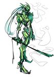  glowing glowing_eyes green_eyes highres maniacpaint no_humans original ponytail robot solo sword visor weapon white_hair 