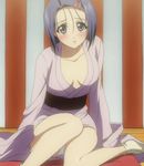  bare_legs blue_hair blush breasts cleavage japanese_clothes kimono no_bra sairenji_haruna short_hair sitting to_love-ru 