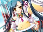  1girl baseson black_hair food game_cg kan&#039;u kan'u katagiri_hinata koihime_musou long_hair plate romance_of_the_three_kingdoms yellow_eyes 