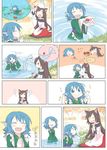  2girls :&gt; :d ^_^ animal_ears bite_mark blue_eyes blue_hair brown_hair closed_eyes comic gameplay_mechanics happy head_fins imaizumi_kagerou japanese_clothes kimono md5_mismatch mermaid monster_girl multiple_girls open_mouth red_eyes silent_comic smile sparkle tori_(torashimaneko) touhou translated wakasagihime wolf_ears 