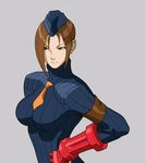  arm_guards armband armor artist_request beret bodysuit breasts brown_eyes brown_hair expressionless garrison_cap gloves hand_on_hip hat juli large_breasts necktie official_art red_gloves short_hair skin_tight street_fighter street_fighter_zero_(series) turtleneck upper_body 