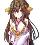 bad_id bad_pixiv_id blush breasts brown_eyes brown_hair detached_sleeves fumatake kantai_collection kongou_(kantai_collection) large_breasts long_hair looking_at_viewer simple_background smile solo white_background 