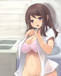  blue_eyes blush bottomless bra breasts brown_hair highres large_breasts long_hair navel open_clothes open_mouth original out-of-frame_censoring pink_bra pubic_hair shirt smile solo unbuttoning underwear undressing washing_machine white_shirt zi_(mumei) 