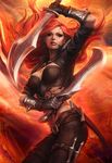  belt blue_eyes breasts buckle dual_wielding gloves holding katarina_du_couteau league_of_legends long_hair medium_breasts midriff red_hair solo stanley_lau tattoo weapon 