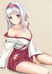 bare_legs blush breasts brown_eyes cleavage hairband japanese_clothes kantai_collection large_breasts long_hair looking_at_viewer nannacy7 off_shoulder shoukaku_(kantai_collection) silver_hair skirt solo 