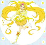  blonde_hair bow choker colorized cure_muse_(yellow) heart long_hair looking_at_viewer magical_girl one_eye_closed open_mouth precure shirabe_ako smile solo sui-tokyarameru suite_precure very_long_hair yellow_bow yellow_choker 