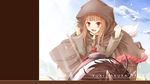  artist_name blush brown_hair cape cloud fang highres holo hood horse horseback_riding jewelry long_hair looking_at_viewer necklace nncat open_mouth pouch red_eyes riding sash sky smile solo spice_and_wolf tail wallpaper wind 