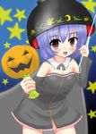  alternate_costume blue_background blue_hair blush bowl bowl_hat breasts cape detached_sleeves dress fang halloween hat highres holding_needle jack-o'-lantern leaning_forward looking_at_viewer mallet needle open_mouth panku_(tenyado) red_eyes short_hair small_breasts solo star strapless strapless_dress sukuna_shinmyoumaru touhou 