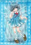  blue_background blue_eyes blue_hair bow cirno dress finger_to_face frame hair_bow highres ice_crystal leg_up looking_at_viewer marker_(medium) open_mouth puffy_short_sleeves puffy_sleeves ribbon shoes short_hair short_sleeves skirt_hold socks solo sparkle touhou traditional_media wings yuura_arisa 