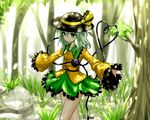  aqua_hair bai_yemeng blouse expressionless forest frilled_sleeves frills grass green_eyes hat hat_ribbon highres komeiji_koishi long_sleeves looking_down nature outstretched_arms ribbon rock shade short_hair skirt solo spread_arms third_eye touhou walking water_drop 