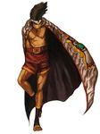  abs big_hair brown_hair cape dark_skin dark_skinned_male hachimaki hand_in_pants headband joe_higashi male_focus nona official_art pectorals shirtless shorts snk solo the_king_of_fighters the_king_of_fighters_2001 toeless_legwear toes white_background 