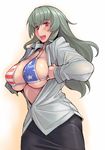  american_flag american_flag_bikini bikini bikini_under_clothes blush breasts cleavage flag_print large_breasts long_hair looking_at_viewer older open_clothes open_shirt red_eyes rozen_maiden shirt sideboob silver_hair smile solo suigintou swimsuit swimsuit_under_clothes tsuda_nanafushi 