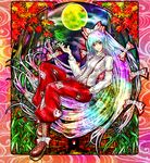  armband autumn_leaves bad_id bad_pixiv_id bamboo boots bow cloud dress_shirt fence frame fujiwara_no_mokou full_moon hair_bow hand_in_pocket hand_up leaf long_hair long_sleeves looking_at_viewer maple_leaf moon multicolored multicolored_hair night night_sky ofuda pants rainbow_hair red_eyes shirt sky solo sun_(sunsun28) suspenders touhou very_long_hair wooden_fence 