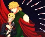  arrow blonde_hair blue_eyes bug curtains dio_brando earrings father_and_son giorno_giovanna highres insect jewelry jojo_no_kimyou_na_bouken knife ladybug mai0124 multiple_boys red_eyes 