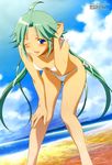  1girl ;d adjusting_hair ahoge aqua_hair bangs beach bent_over bikini blue_eyes blush breasts cleavage cloud down_blouse downblouse hand_on_knee highres legs lemon_angel_project long_hair looking_at_viewer megami minaguchi_tomo ocean official_art one_eye_closed open_mouth outdoors parted_bangs payot scan side-tie_bikini sidelocks sky smile solo spiked_hair string_bikini swimsuit twintails very_long_hair watanabe_yukari water white_bikini white_swimsuit wink 