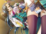  1girl baseson black_hair blush fingering game_cg kan&#039;u kan'u katagiri_hinata koihime_musou long_hair ponytail romance_of_the_three_kingdoms thighhighs underwear yellow_eyes 