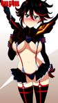  absurdres black_hair black_legwear blue_eyes blush breasts gloves highres kill_la_kill large_breasts matoi_ryuuko multicolored_hair navel red_hair revealing_clothes senketsu short_hair skirt solo suspenders thighhighs tonotyama two-tone_hair underboob 