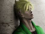  bad_id bad_pixiv_id blonde_hair caesar_anthonio_zeppeli facial_mark feathers green_eyes green_jacket hair_feathers jacket jojo_no_kimyou_na_bouken male_focus sakura-nine_com solo 