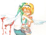  aomisora bleeding blonde_hair blood green_hair hairband higurashi_no_naku_koro_ni houjou_satoko hug long_hair lowres multiple_girls short_hair shorts simple_background sleeveless smile sonozaki_shion tears traditional_media watercolor_(medium) wings 