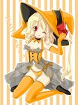  ;q alternate_costume alternate_headwear blonde_hair blush elbow_gloves flandre_scarlet flat_chest gloves hands_on_headwear hands_up hat long_hair moyashi_onna nipples no_wings one_eye_closed orange_legwear panties red_eyes see-through solo striped striped_background thighhighs tongue tongue_out touhou underwear 
