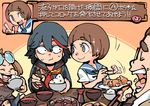  2girls blue_sailor_collar eating food gameplay_mechanics hounori kill_la_kill mankanshoku_barazou mankanshoku_mako mankanshoku_matarou matoi_ryuuko multiple_boys multiple_girls sailor_collar school_uniform senketsu short_hair sparkling_eyes sweat translated 