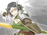  aiming archery arrow bad_id bad_pixiv_id black_hair blue_eyes bow_(weapon) breasts circlet cleavage cleavage_cutout crazy_eyes drawing_bow feathers fire_emblem fire_emblem:_kakusei gloves hair_feathers hair_in_mouth holding holding_arrow holding_bow_(weapon) holding_weapon large_breasts noire_(fire_emblem) outstretched_arm sasasayama short_hair solo uneven_eyes weapon 