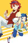  blue_eyes bottle bowl brown_eyes chobota chopsticks collarbone eyewear_on_head food food_on_face gundam gundam_build_fighters iori_sei male_focus mouth_hold multiple_boys open_mouth plate red_hair reiji_(gundam_bf) rice rice_bowl rice_on_face salad smile sunglasses 