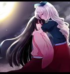  black_hair blue_eyes braid hat houraisan_kaguya hug long_hair long_sleeves looking_at_viewer moon multiple_girls night night_sky nurse_cap profile puffy_sleeves red_eyes shirt short_sleeves silver_hair single_braid skirt sky smile sui_(camellia) touhou very_long_hair wide_sleeves yagokoro_eirin 