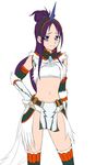  blush cosplay futari_wa_precure_splash_star hair_bun half_updo hand_on_hip horn jabara_tornado kirin_(armor) midriff mishou_mai monster_hunter navel precure purple_eyes purple_hair simple_background smile solo white_background 