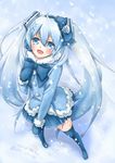  2013 azumi_(6918great) bad_id bad_pixiv_id blue_eyes blue_hair blush bow character_name dated fang hand_on_own_chest hatsune_miku long_hair mittens open_mouth skirt snow snowing solo thighhighs twintails very_long_hair vocaloid yuki_miku 