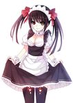  alternate_costume bai_kongque black_hair black_legwear breasts cleavage clock_eyes date_a_live enmaided hairband heterochromia long_hair looking_at_viewer maid medium_breasts red_eyes skirt skirt_hold smile solo symbol-shaped_pupils thighhighs tokisaki_kurumi twintails white_background yellow_eyes 