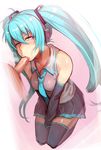  1girl :&gt;= aqua_eyes aqua_hair detached_sleeves fellatio hair_between_eyes hatsune_miku headphones hetero highres long_hair loose_necktie nbo necktie oral penis seiza sitting skirt solo_focus squinting thighhighs twintails v_arms very_long_hair vocaloid 