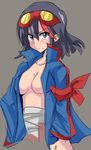  blue_eyes blush breasts cosplay creator_connection goggles goggles_on_head grey_background kill_la_kill konarofu matoi_ryuuko medium_breasts naked_coat no_bra sarashi short_hair simon simon_(cosplay) simple_background solo tengen_toppa_gurren_lagann 