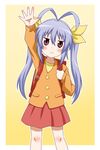  :&lt; antenna_hair arm_up backpack bag blush bow brown_eyes goriate hair_bow hair_ornament holding long_hair looking_at_viewer miyauchi_renge non_non_biyori orange_shirt purple_hair randoseru shirt skirt solo standing twintails yellow_background 