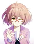  ahoge artist_name bandages bleeding blood blush brown_hair cardigan commentary glasses gradient_hair grimace hand_on_own_chest hews_hack jewelry kuriyama_mirai kyoukai_no_kanata multicolored_hair purple_hair red-framed_eyewear ring school_uniform serafuku short_hair solo tears white_background yellow_eyes 