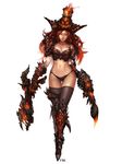  alternate_costume black_legwear black_panties boots breasts cleavage contrapposto crossed_legs dual_wielding fire full_body gauntlets gun handgun hat highres hips holding league_of_legends light_smile long_hair looking_at_viewer medium_breasts navel panties pistol red_eyes red_hair sarah_fortune simple_background solo standing te thigh_gap thighhighs thighs underwear weapon white_background wide_hips 