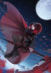  artist_name cross dopollsogno flying hood moon multicolored_hair night pantyhose petals ruby_rose rwby scythe short_hair smile solo star two-tone_hair weapon 