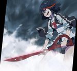  1girl black_hair blue_eyes highres kill_la_kill matoi_ryuuko school_uniform scissors screencap short_hair skirt standing weapon 